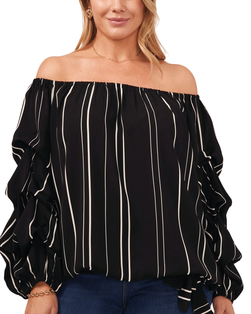 Front of a model wearing a size 1X Marie Bubble Sleeve Stripe Blouse in 060-RICH BLACK by Vince Camuto. | dia_product_style_image_id:260986